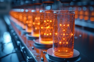 Glowing geometric shapes in glass cylinders on a factory production line with robotic arms in background