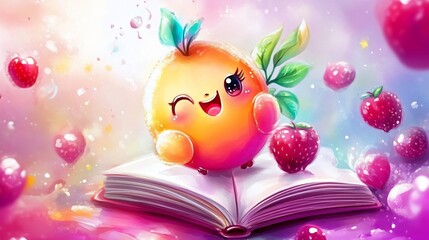 Whimsical Kawaii Fruit on a Book: A Sweet, Dreamy Illustration