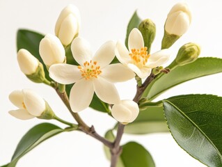 Fototapeta premium close up of white flowers and buds on a branch with green leaves