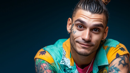 A man in his 20s with face tattoos, wearing a vintage shirt, gentle smile