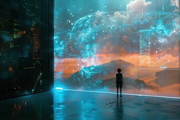 A Solitary Figure Gazes at a Digital Landscape of Mountains and Stars