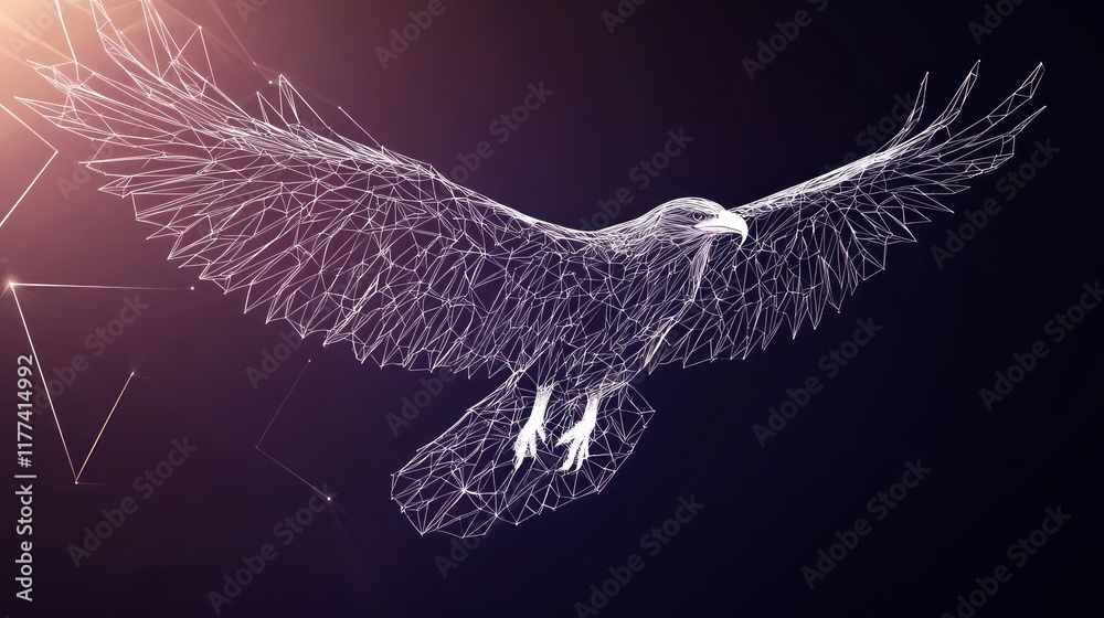 Poster a wireframe representation of an eagle in flight, symbolizing technology and nature.