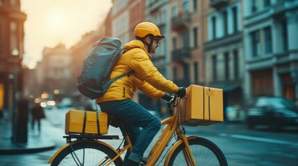 Courier on Bicycle Delivering Express Parcels Quickly Through Busy Urban Cityscape  Speedy and Flexible Courier Service for Local Delivery
