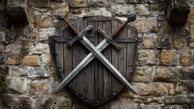 pair of crossed knight swords on a wooden shield on a stone wall, knight swords and shield