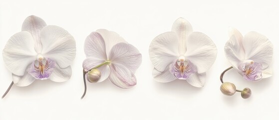Four white orchid flowers on a white background