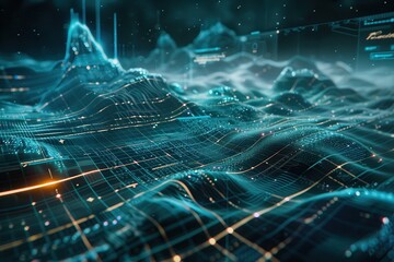 Abstract Digital Landscape with Grid Lines and Lights