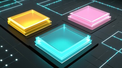 Abstract Neon Squares Digital Art: Glowing Geometric Shapes on Futuristic Circuit Board Background