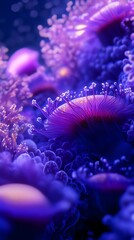 A vibrant underwater scene featuring luminous purple anemones with delicate tendrils, creating a mesmerizing oceanic atmosphere.