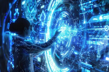 Futuristic Cyborg Interacting with Holographic Interface