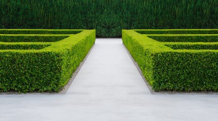 A symmetrical garden path bordered by neatly trimmed hedges creates a serene and structured outdoor space.