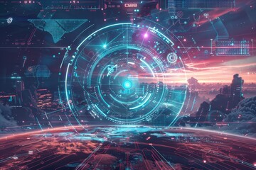 Futuristic digital interface with a glowing circle over a colorful planet