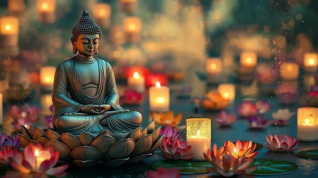 Meditating Buddha with Candles and Flowers