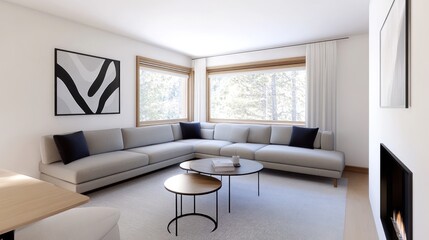 Modern living room with a sectional sofa and minimalist decor.