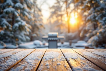 Snow-covered wooden countertop with a blurred outdoor winter setting, featuring a barbecue grill and sunlit snowy trees in the background. Ai generative