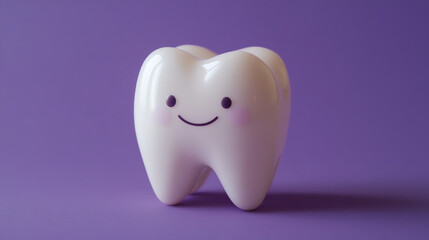 Cute smiling tooth character on violet background, dental care concept