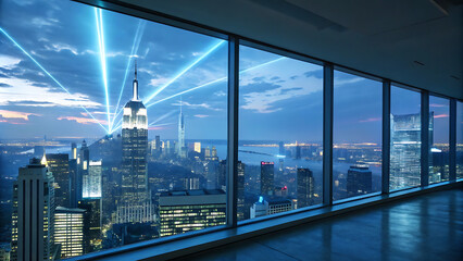 Panoramic view of a futuristic modern megacity from a skyscraper window at dusk.