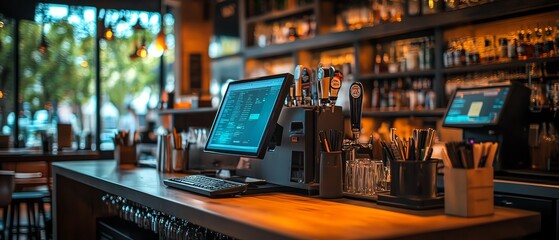 Naklejka premium Modern computer and laptop on counter bar, cafe interior, blurred restaurant background, productive work zone, stylish workspace