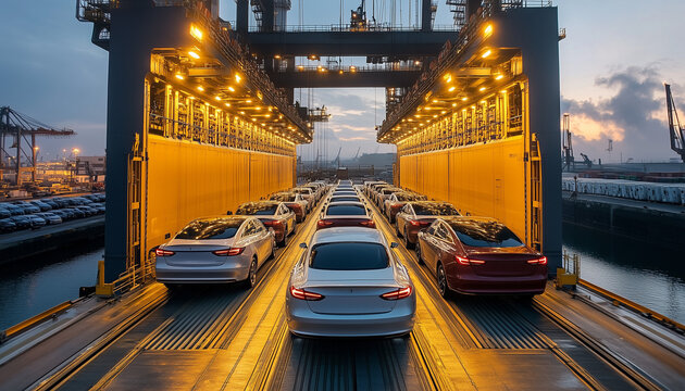 new cars being loaded on ship at harbor at night