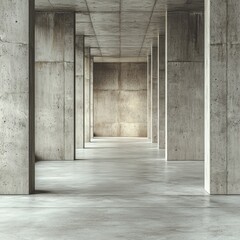 Empty concrete hallway with pillars and soft light, potential use for architectural visualization