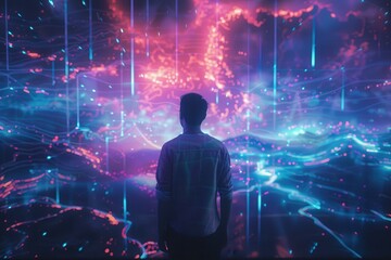 A Person Standing Before a Wall of Neon Lights and Lines