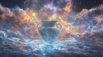 Cosmic Aquarius: Surreal Amphora and Star Clusters Painting in Cinematic Detail