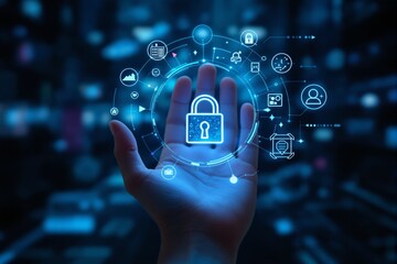 A glowing lock symbol with security-related icons floats above a human hand on a dark tech background, symbolizing data security and protection. Ai generative