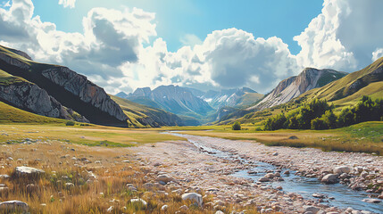 This photo is of the psysh riverbed, which runs near arkhyz village in the northern caucasus mountains, karachay-cherkessia, russia, on a sunny summer day. Foothill. Illustration