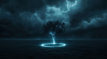 Dark Stormy Countryside with Lightning and Isolated Tree in Open Field