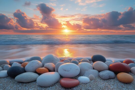 dramatic coastal landscape with storm clouds rolling over vibrant multi-colored beach pebbles creating natural abstract patterns at sunset