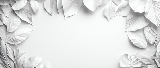 Picture frame with white tropical leaves, calming background, exotic leaves, clean design, stylish tropical border, natureinspired decoration