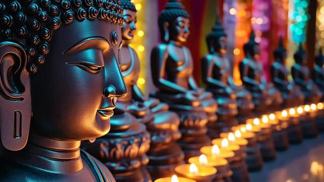 Row of Buddha Statues with Candlelights