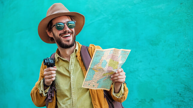 An enthusiastic tour guide with a map, against a lively turquoise background