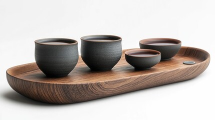 Tranquil Tea Ritual on Minimalist Wooden Tray with Traditional Ceramic Cups and Bowls   Elegant Arrangement of Tea Ceremony Essentials for a Calming Meditative Moment