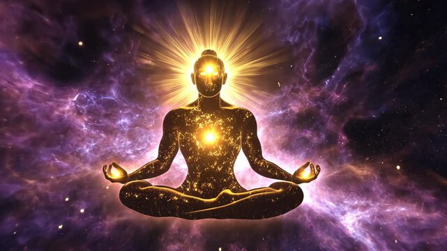 Golden Buddha Meditating in Cosmic Background