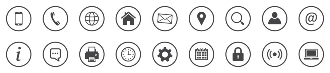 Set of contact icons. Contact Us – buttons. Web icons. Contact information, communication, business card. Vector illustration.