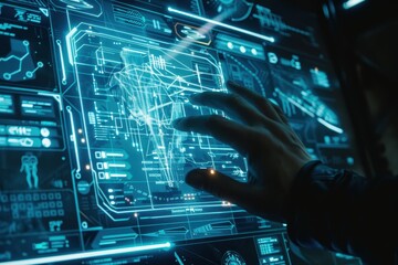 Hand Interacting with Futuristic Interface Displaying Data