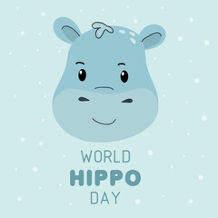 World hippopotamus day. Hand drawn flat cartoon hippo. Holiday vector illustration