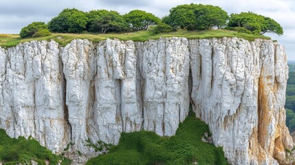 Dramatic white cliffs with lush green vegetation on top.