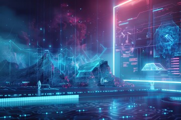 Futuristic Digital Landscape with Neon Lights and Abstract Shapes