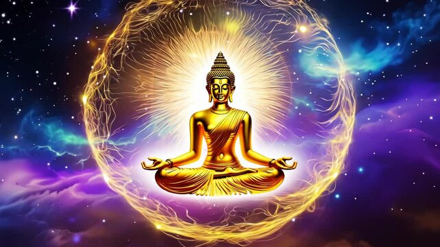 Golden Buddha in Vibrant Galactic Glow