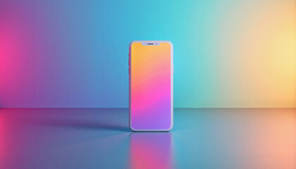 Vibrant smartphone with colorful screen on reflective surface, modern technology
