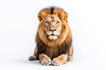 Fototapeta premium A lion sits against a plain white background.