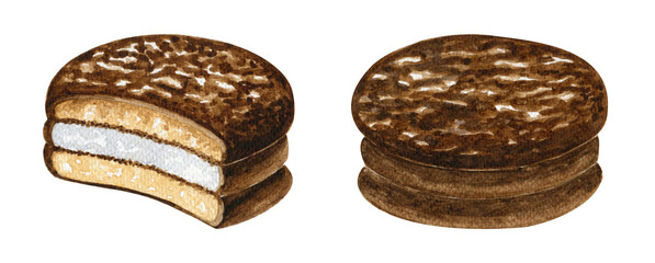 Watercolor drawing of chocolate sweets. Drawn cakes isolated on white background. American dessert

