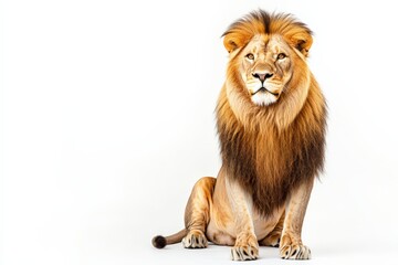 a majestic lion sitting on a white background