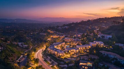 West hollywood hills apartments aerial twilight photography: stunning drone view of luxury residences at dusk. Foothill. Illustration