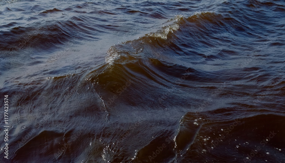 Poster close-up view of gentle brownish waves with sparkling droplets on windy water surface, capturing nat