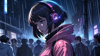Naklejka premium Girl with Headphones in Urban Nightscape