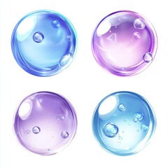 Vector Clip Art of Blue and Purple Water Bubbles on White. Diverse Shapes for Creative Projects