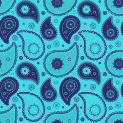 Vibrant teal and navy paisley pattern.  Perfect for textiles, fashion, or website backgrounds.  This eye-catching design offers a stylish and sophisticated aesthetic.