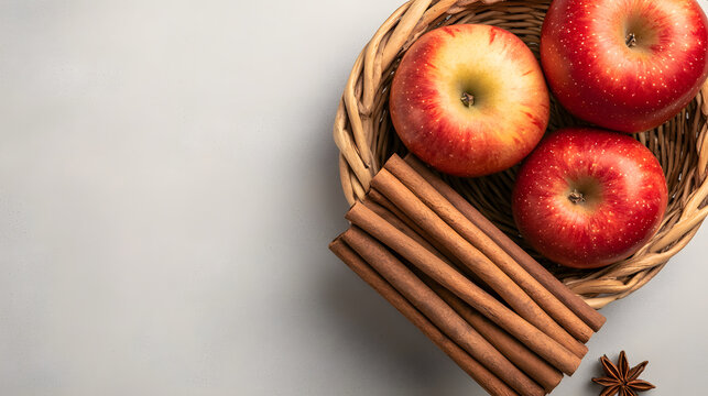 Fresh red apples and cinnamon sticks arranged in woven basket create warm, inviting scene perfect for autumn. vibrant colors and textures evoke sense of comfort and home